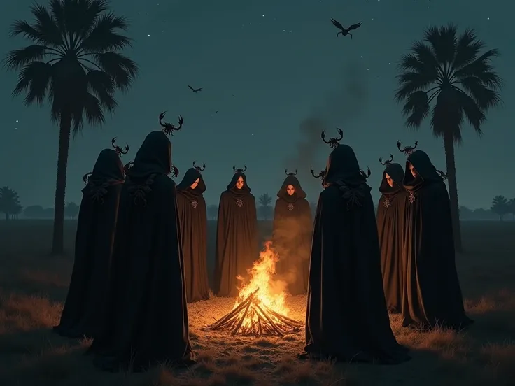 night, field, bonfire, palm trees, witches in black with scorpions ,  men in overcoats and hoodies in black with scorpion