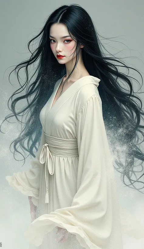 ((Japanese painting。葛飾北斎によるJapanese painting。Thick outline、Flat Color:1.4))。 Katsushika Hokusai style。Very beautiful goddess。((( pale skin。 Eerie Smile 。Scary Pictures。whole body。Ancient Japanese Goddess。 very long black hair。Narrow eyes。A pure white kimon...