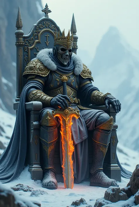 Dead King with gold crown dressed in warriors armor and helmet seated on throne holding flaming legendary sword between legs and has metal mask on. Throne is on icy mountain top