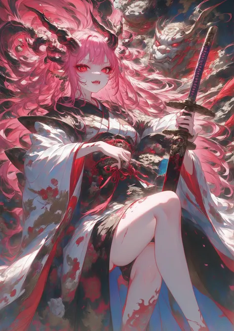  Masterpiece, High Quality, High Resolution, 16k, Animated, Detailed Background, Hyperrealistic, Digital Paint, Dark Fantasy, Oni Girl, Shiny pink long hair, Oni horns, Oni fangs, red eyes, long ears, long eyelashes, clean skin, clean legs, kimono, elabora...