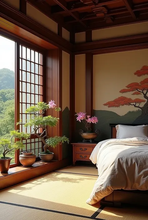 Create a Japanese room .  With the bed positioned on the right side diagonally .  Looking at the background of the room .  It creates the image based on the Nikkô Tôshô-gu sanctuary representative of Japan. with the colors (1.	dorado:  Used in decorative d...