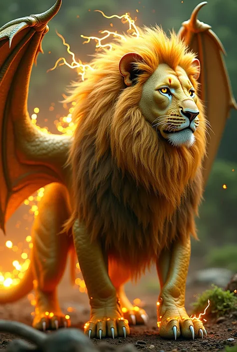 The hybrid of a lion and dragon is a creature of unmatched power and beauty. It has the muscular frame of a lion, covered in golden fur that transitions into emerald-green scales along its back and tail. Its fiery mane flows like molten gold, interspersed ...