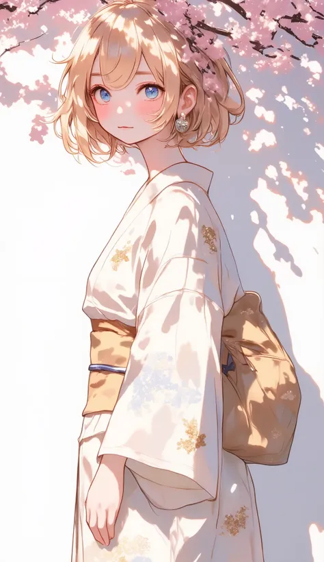 (((Simple configuration)))、(((Background is a white wall:1.2、cherry blossoms)))、 cowboy shot from Niigata、A lone girl is looking to the side、 staring at the camera、 perfect anatomy 、絵のようにbeautiful、sketch、 very delicate 、Cloud-like wall、、 floral、Graceful ...