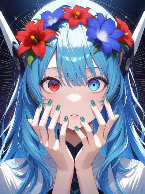 1girl,  solo , flower, hair flower,  staring at the viewer , blue eyes, Green nails , headgear, blue flower,  Iris , Bangs,  separated lips , Flowing hair on both hands face , Nail polish, long hair, red flower,  Blue Hair ,  Hair in Eyes , raise your hand...