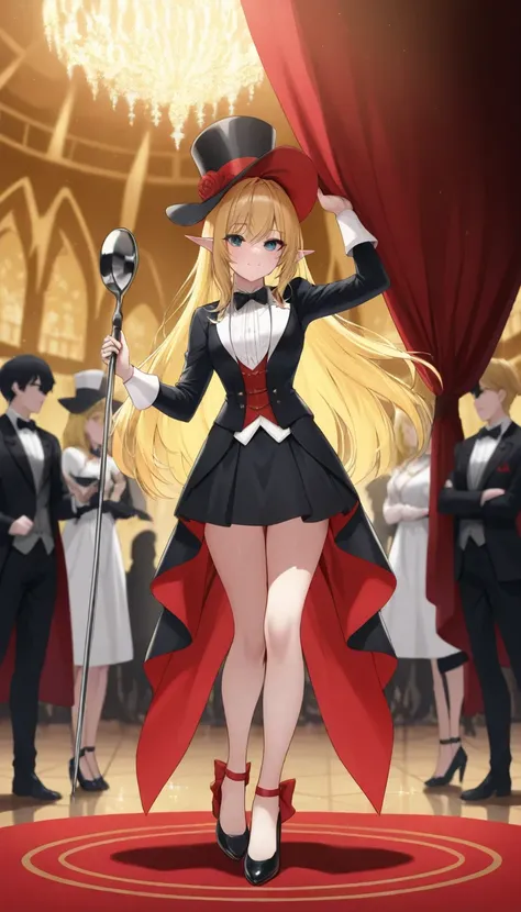 (((Best quality, 8k, Masterpiece: 1.3)), ((best quality)), ((masterpiece)), (detailed), perfect face, perfect body, (detailed skin:1.3), (intricate details), An elegant elf woman performing a lively tap dance on a grand stage. She wears a sleek black tuxed...