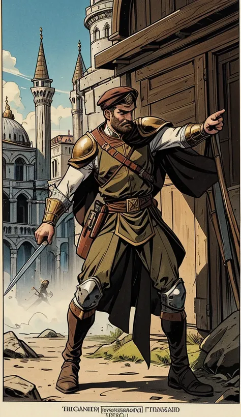 Storyboard, Comic book panel layout with white border, Multi view, Immersive, Go Pro, Action pose, Panels A battle scene.In 1451, a young man came to the Ottoman throne with only one idea: to seize Constantinople. Prudent and methodical, Mehmed (Mehmet) II...