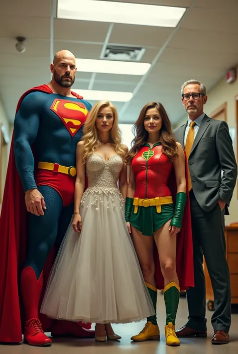 Four teachers are dressed as heroes, one tall with a bald hair who is dressed as a superman, the second with blond hair in her 30 waring a magical dress, the third one is fat having a brown hair and also dressed as a in a superhero dress and having glasses...