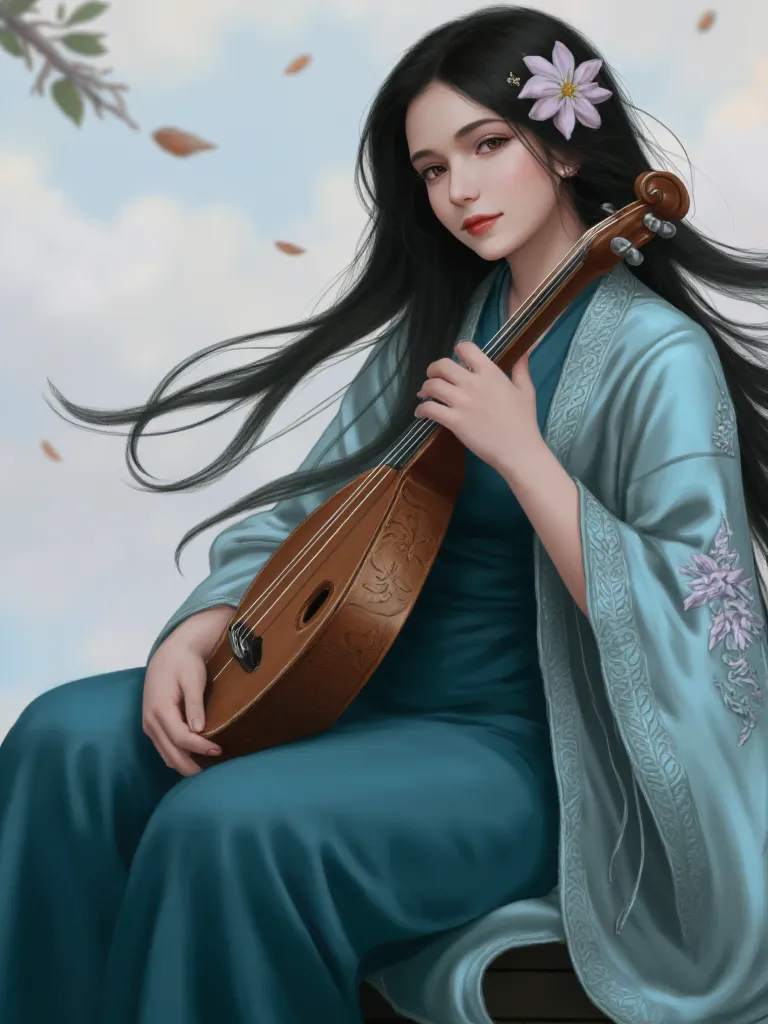 digital painting featuring a young woman with long, flowing dark hair adorned with delicate flowers. she has fair skin and a ser...