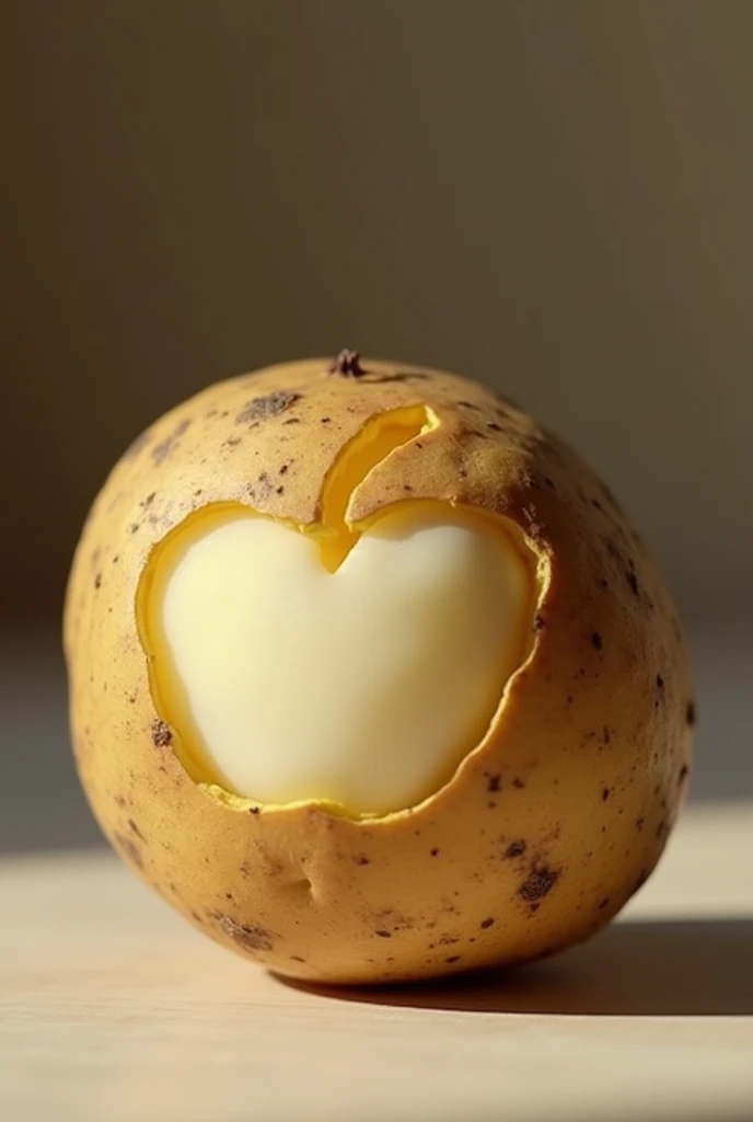 photorealistic image of a potatoe with a carved shape of apple on its side. The carving should be simple, removing the potatoes outer layer to reveal the pale inner flesh in the shape of [apple]. The carving should be simple, showing the features of [apple...