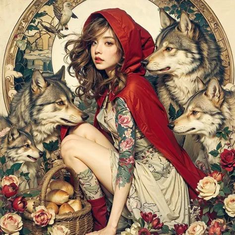 Japanese painting expression 、 Mucha-like design 、 young woman、 long hair、Little Red Riding Hood Costume、Tattoo、 sitting surrounded by lots of wolves、Basket with bread and wine 、Precision in the details、Wabi-sabi、 Flower Bird Wind Moon