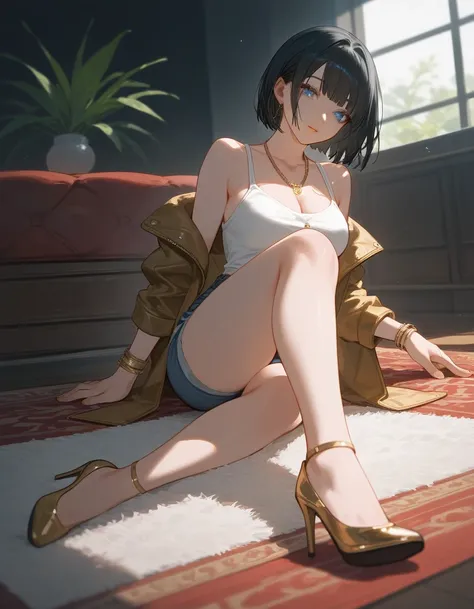 Below, Sitting on floor, thighs, wide hips, score_9, score_8_up, score_7_up, (solo), 1girl, blue eyes, blunt bang, bob hair, black hair, (((hands))), fingers, medium breast, ((sexy pose)), denim shorts, jacket, heels, jewelry, gold, bracelets, necklace, ma...