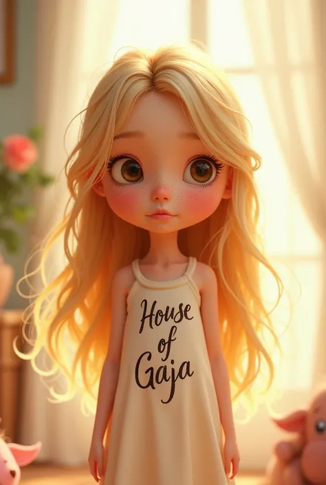  A blonde girl with long hair,  brown eyes and shy look , freckles and fair complexion .  Must wear a simple little dress , e sopra il vestito deve esserci la scritta “House of Gaja”. Pixar version .