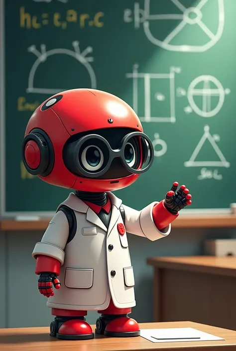 Chibi robot red with lab coat and glasses explaining better quality on a blackboard, 8K,  extremely detailed ,  anime style
