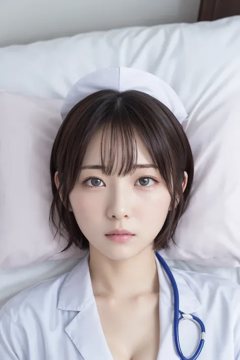 masterpiece,  best quality,  one woman, (nurse、Disheveled white coat:1.2), 20 years old、(RAW 写真 best quality), (reality, reality的:1.4),  sexy、iris、 very detailed eyes and face ,  beautiful and detailed nose, beautiful eyes,  perfect anatomy 、 short hair、 c...