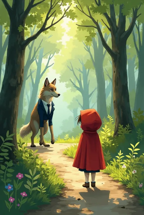 enfant petite fille, cheveux marron, en chaperon rouge qui marche avec son panier à travers les bois, elle rencontre un loup  chemise et pantalon habillé et debout sur ses pattes, façon aquarelle 
