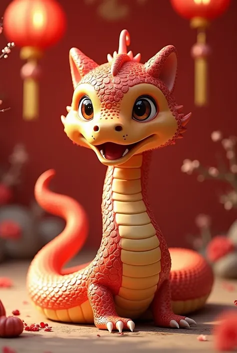 Decorate the mall ，2025 Chinese New Year Decorations， must have a cute cartoon snake sculpture as the theme， Snakes should be surrounded by Lunar New Year decorations，There is a Spring Festival atmosphere 。 where customers can check in 