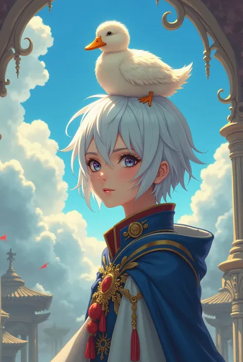 Make an anime for men with white hair and have a duck on their heads 