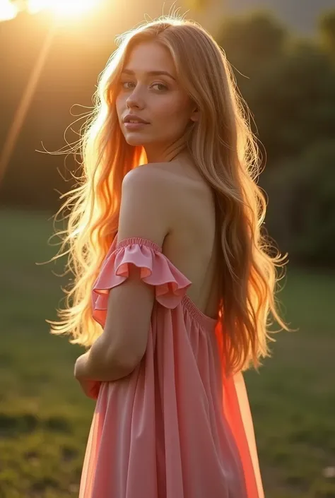  mulher jovem de aproximadamente 25 anos ,  tez branca , cabelo castanho longo e liso , olhos cinzentos, vestida com um vestido rosa claro  rezando em silêncio no jardim luz do sol acima das nuvens imagem ultra hd