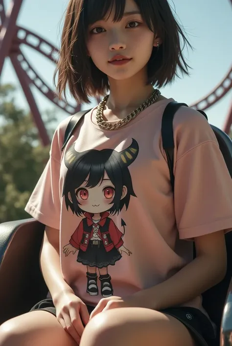 (She is enjoying the roller coaster ride wearing a pastel colored tee with a large print of her favorite cute black devil girl), ultra-realistic, photorealistic, dramatic scene, shadow, global-illumination, solo, (20 years old Japanese famous idol girl but...