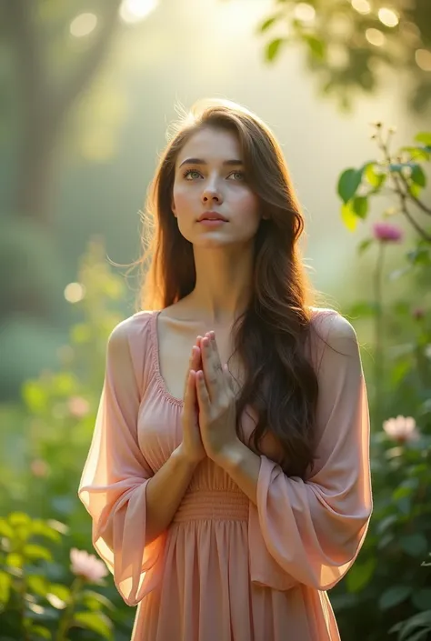   young woman of approximately 25 years old  ,  white ,  Long, smooth brown hair  ,  gray eyes, dressed in a light pink dress praying in silence in the garden sunlight above the clouds ultra HD image