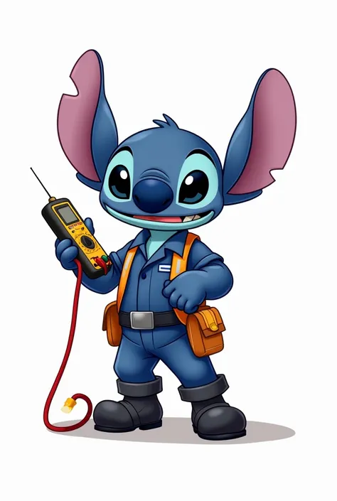 Logo avec stitch en tenue d’électriciens et un multimètre en main en dessin et écris le nom de notre service PARKWIDE 