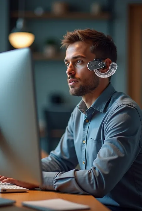 man sitting in a chair in front of a computer talking with animated and horizontal hearing aid