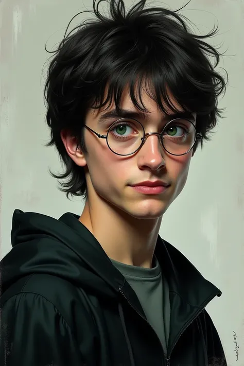 Portrait of Harry Potter, NOT Dan Radcliffe ,  shaggy black hair,  green eyes , round glasses,  black robe  