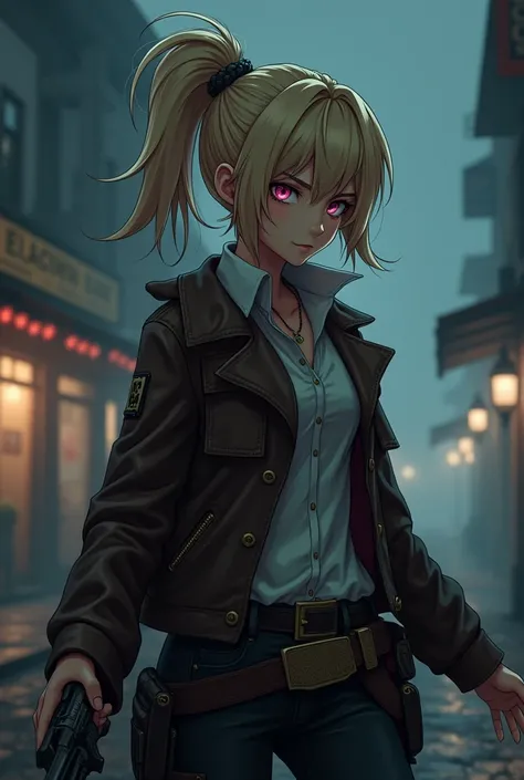 Anime Cowboy Feminino de Cabelos Curtos no Velho Oeste, dark background,  messy  and spiked hair bangs, high ponytail, ultra detailed face,loiro,sentado, pink eyes walking at night city ,revólver de 6 balas, 3D,4k,detalhado, anime concept, lovely smile, ul...