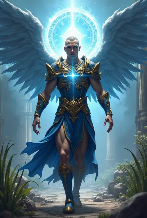 Archangel man with big wings , shaved face, Blue eyes , vêtements de guerrier bleu et or qui avance avec un décor fantasy art très détaillé,  High definition ,  with symbols and circles of light behind his head.  Lumière qui sort de son torse 