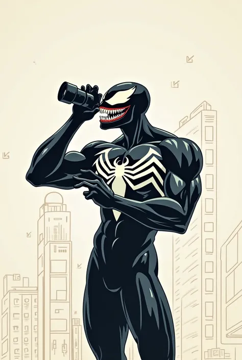  character from the Marvel Venom comics, holding a camera, The image will be minimalist ,  using lines and geometric shapes 