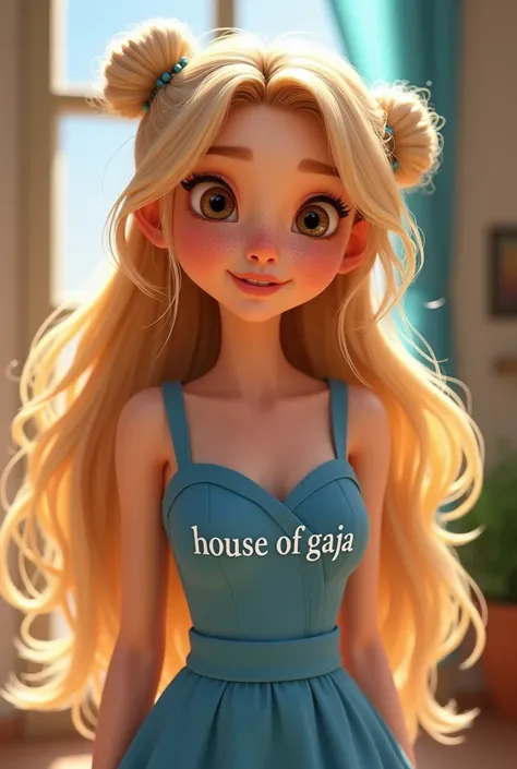  A beautiful adult blonde girl with long hair, Get your hair done with two chignones ,  with brown eyes and a shy look , freckles and fair complexion . She must wear a simple blue dress , e sopra il vestito deve esserci la scritta “House of Gaja”. Pixar ve...