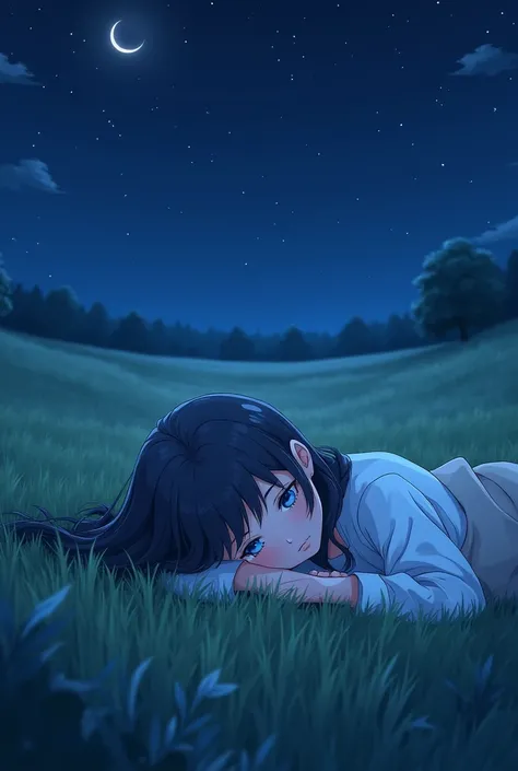 (Photoanime:1.2), a girl with long dark black hair and blue eyes sleep in a grass field and in midnight with a crystal shard necklace is shine