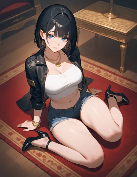 Above, Sitting on floor, thighs, wide hips, score_9, score_8_up, score_7_up, (solo), 1girl, blue eyes, blunt bang, bob hair, black hair, (((hands))), fingers, medium breast, ((sexy pose)), denim shorts, jacket, heels, jewelry, gold, bracelets, necklace, ma...