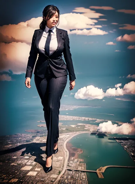 Giantess art, (towering over a planet 1000’s of miles tall) bbw giant schoolgirl in distance walking across a planet, young women with beautiful curves, massive thighs, ginger hair, lipstick, wearing a red pinstripe trouser suit and blazer, crisp white shi...