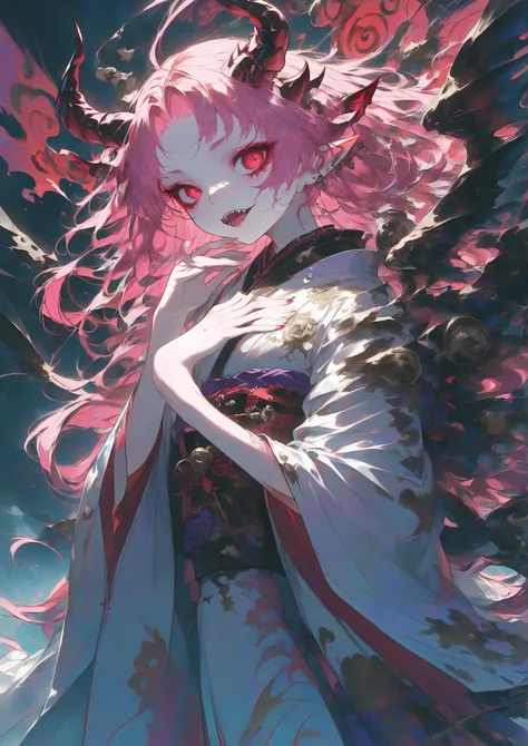  Masterpiece, High Quality, High Resolution, 16k, Illustration by Makoto Shinkai, Animation, Detailed Background, Hyperrealistic, Digital Paint, Dark Fantasy, Demon Girl, Long Glossy Pink Hair, Demon Horns, Demon Fangs, Red Eyes, Long Ears, Long Eyelashes,...