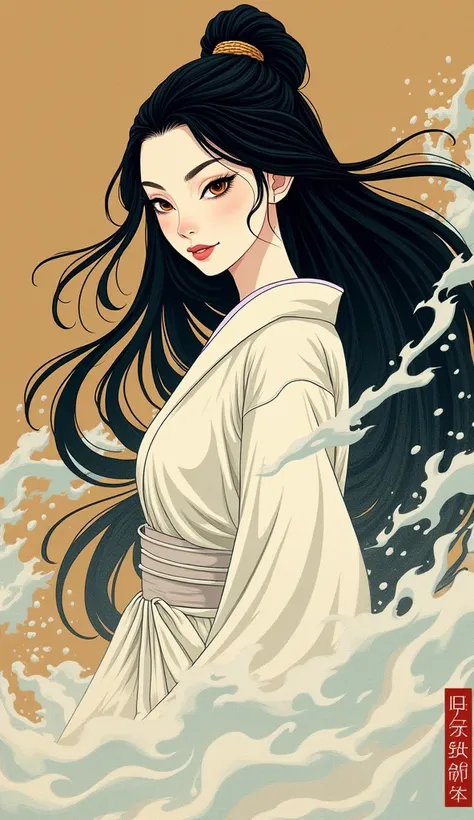 ((Japanese painting。葛飾北斎によるJapanese painting。Thick outline、Flat Color:1.4))。 Katsushika Hokusai style。Very beautiful goddess。((( pale skin。 Eerie Smile 。Scary Pictures。whole body。Ancient Japanese Goddess。 very long black hair。Black Hair Touched by the Wind...