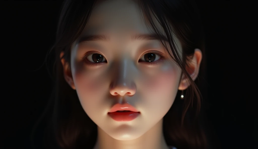 a head in front of a light with subsurface scattering on the it, black background, korean girl