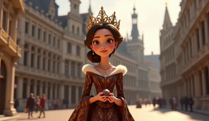 Prompt 19: Belgium as a Disney Queen
A sophisticated queen in a chocolate-brown gown adorned with lace patterns, standing in the Grand Place of Brussels. Her crown features designs inspired by gothic architecture, and she holds a box of artisanal chocolate...