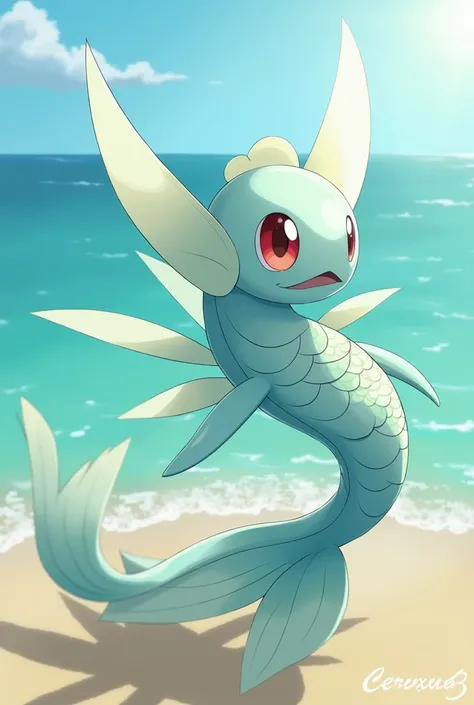  Pokémon with an agile and aquatic appearance ,  with a body covered by scales that resemble fish from Capixaba waters.  Its wings are light and translucent , reflecting sunlight. Its tail is long and flexible,  like a river that meanders across the land ....