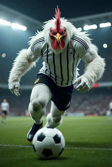 Create a stunning, realistic representation of a hybrid, with its body covered in white feathers, super muscular, like a photo model, with the head of an adult, anthropomorphic, angry rooster, playing soccer. The creature is wearing a white sports shirt wi...