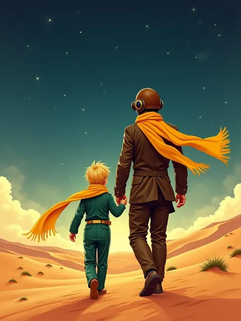 A breathtaking fantastic illustration of a vintage-inspired movie poster with the iconic St-Exuperys Little Prince  with blond hair in the wind walking view from back, set against a majestic desert landscape at dusk, donning a vibrant yellow scarf that flo...