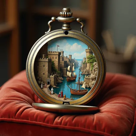 A medieval harbor unfolds in a vintage pocket watch, resting on a velvet cushion.