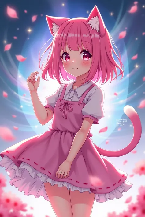 anime pink girl with cat ears and tail on a background , and theres always one TRICK word in the center of the screen