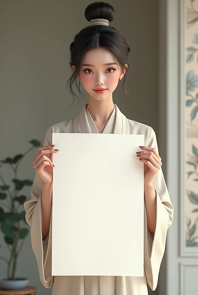  A beautiful oriental dealer holding a white sheet of paper，The faces are delicate，HD face ，