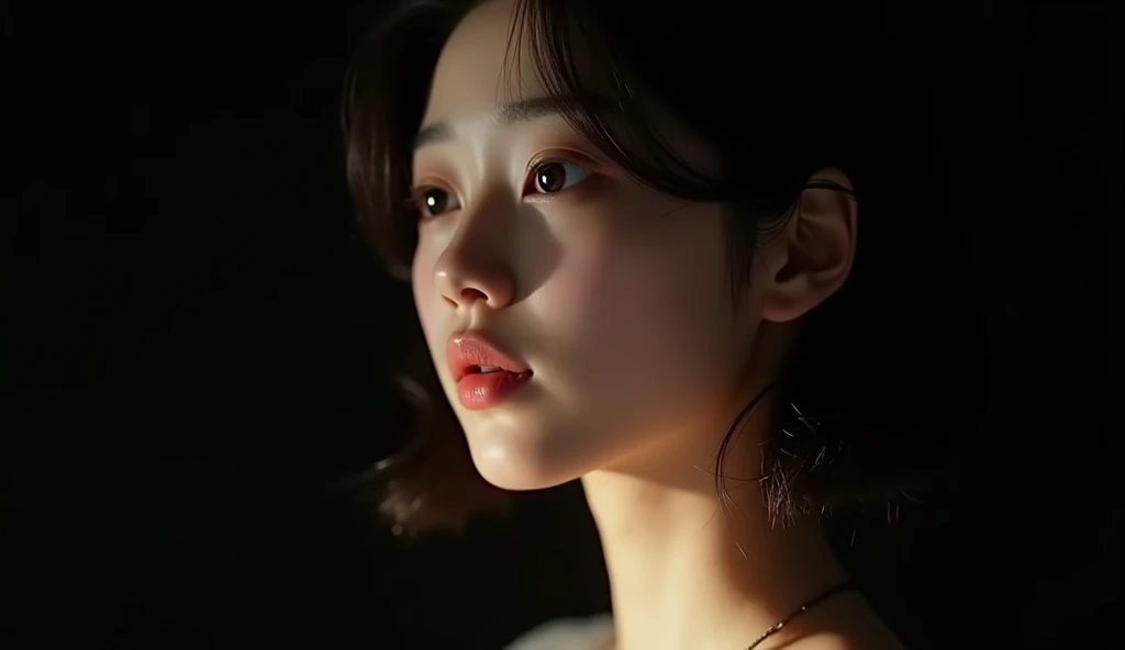 a head in front of a light with subsurface scattering on the it, black background, korean girl