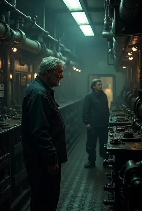 A middle-aged chief engineer with a weathered face and a calm demeanor greets a nervous oiler in his twenties in the dimly lit engine room of a cargo ship. The space is filled with humming machinery and tangled pipes, with dark shadows subtly looming in th...