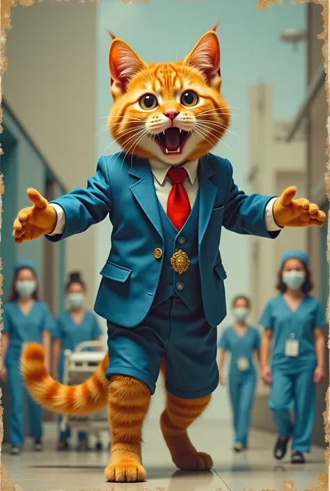 The image is a collage of two pictures. In the first picture, there is an orange cat wearing a blue suit with a red tie and a gold emblem on its chest. The cat is standing on its hind legs with its arms stretched out in front of it. It has a surprised expr...