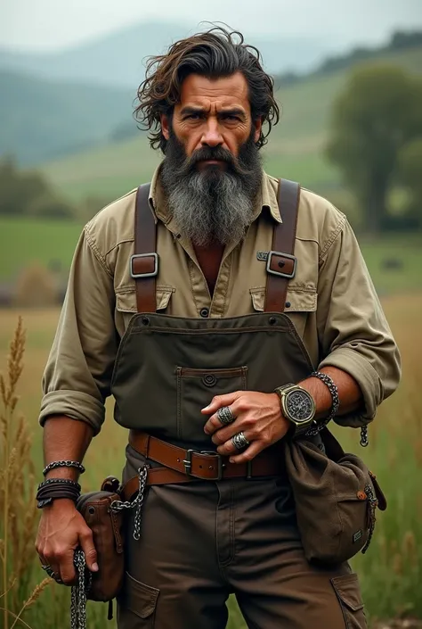  a man similar to the actor Can YaMan, farmer dress,  hair and long beard , with rings and chains .