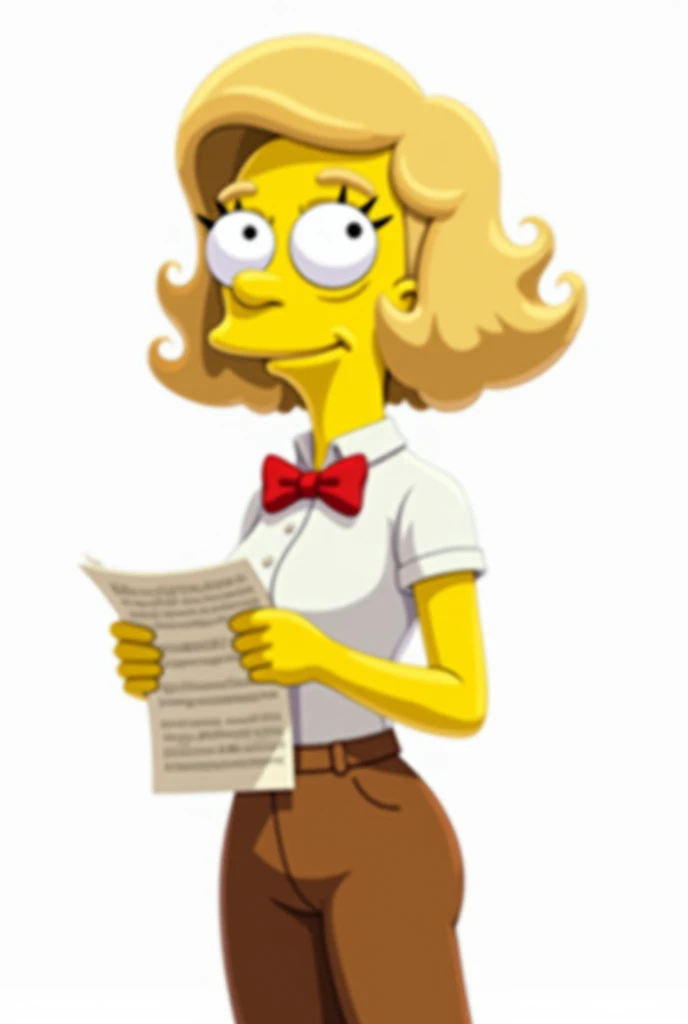 image with traces of the fortnite game, a cartoon of s woman, arnie pye female version, side view, short hair, wavy hair, light light blonde hair, white shirt, half sleeves, red bow tie, brown pants, black shoes, eyelashes, holds sheet music, neutral, whit...