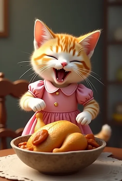 Gave me a boll of chicken with a cat has a pink dress  and then the cat eats the chicken and then the cat screams